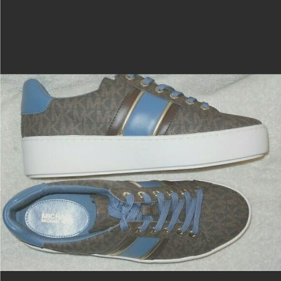 Michael Kors Signature MK Poppy Blue Stripe Lace Up Sneakers - Picture 3 of 3